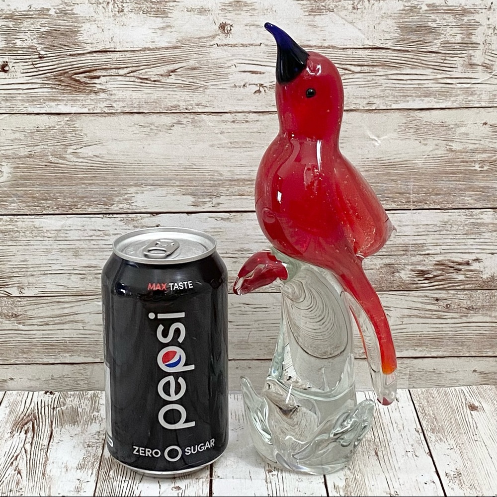 Vintage 9” Red Cardinal Bird on a Clear Branch Murano Style Art Glass Decor